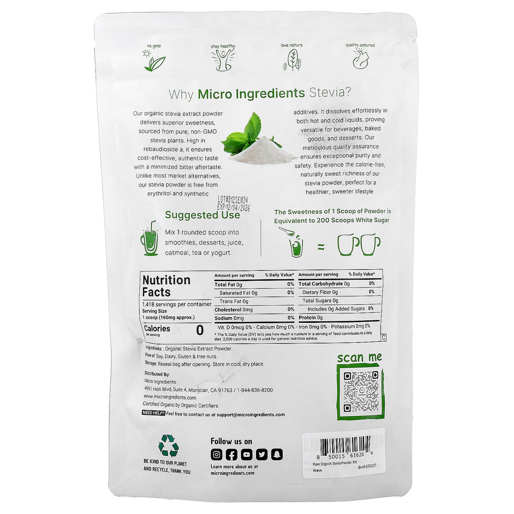 Micro Ingredients, органический экстракт стевии, 227 г (8 унций)