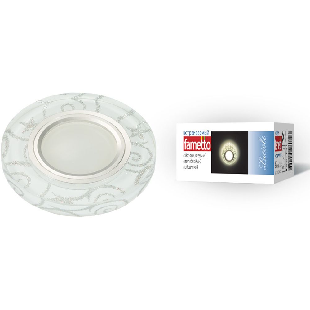DLS-L202 GU5.3 CHROME/WHITE Светильник декоративный встраиваемый, серия Luciole. Без лампы. Доп.подсветка 3Вт. Металл, цвет хром. Отделка стекло белое