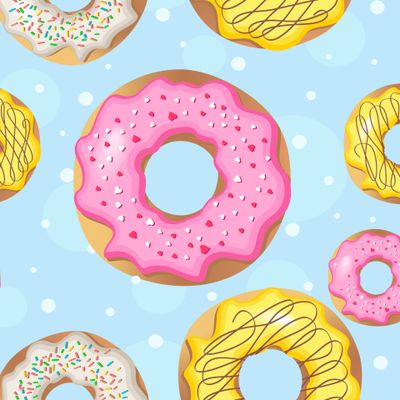 Разноцветные пончики на голубом фоне в горошек
