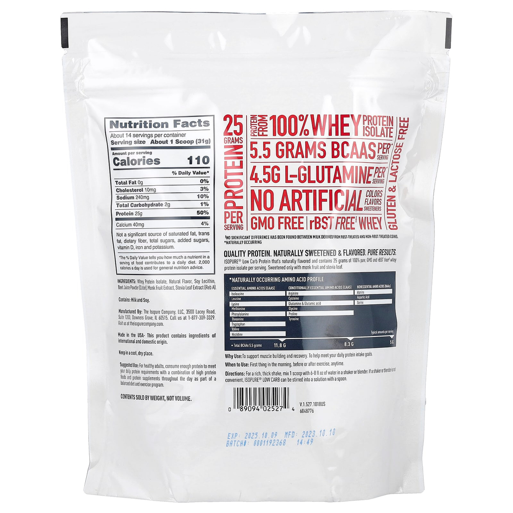 Isopure, протеиновый порошок с низким содержанием углеводов, клубника, 454 г (1 фунт)