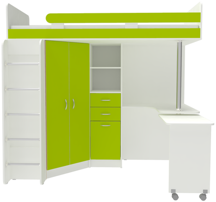 Кровать-чердак КарИВи Юниор 3 с металлической лестницей Белый  Лайм