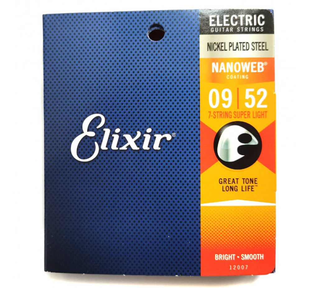 Elixir 12007 NANOWEB Комплект струн для 7-струнной электрогитары, никелированная сталь, Super Light 9-52.