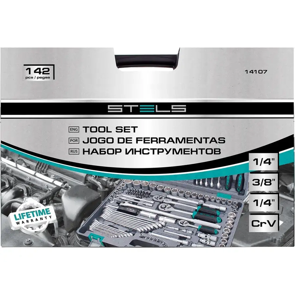 Набор инструментов, 1/2",3/8", 1/4", CrV, 142 предм. STELS 14107