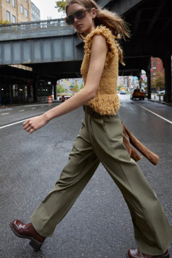 ZARA БРЮКИ PAPER BAG С ПОЯСОМ, ЗЕЛЕНОВАТЫЙ