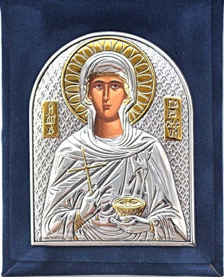 Параскева Римская. Карманная серебряная икона в бархатном футляре. 7,5 х 9,5 см
