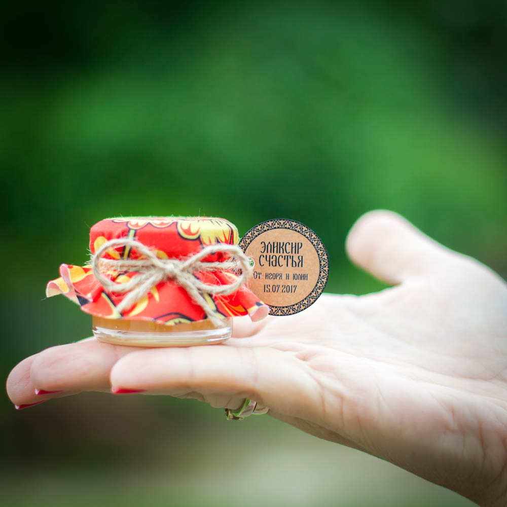 Бонбоньерка с медом на свадьбу, 35 грамм, стиль "Хохлома"