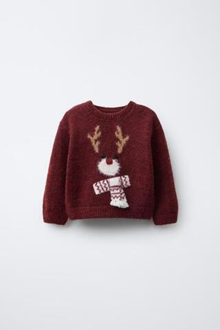 ZARA ВЯЗАНЫЙ ДЖЕМПЕР С ОЛЕНЕМ, БУРГУНДИ