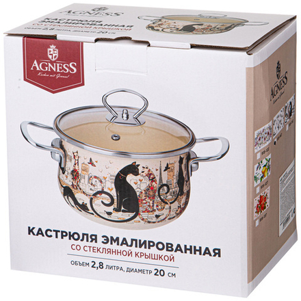 КАСТРЮЛЯ ЭМАЛИРОВАННАЯ AGNESS СО СТЕКЛЯННОЙ КРЫШКОЙ СЕРИЯ "ВИВЬЕН", 2.8 Л, 20*12 СМ