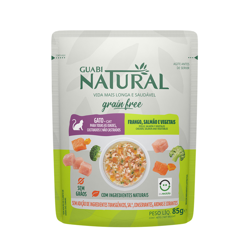 Guabi Natural Cat Grain Free консервы для кошек с курицей, лососем и овощами 85г (пакетик) (Бразилия)