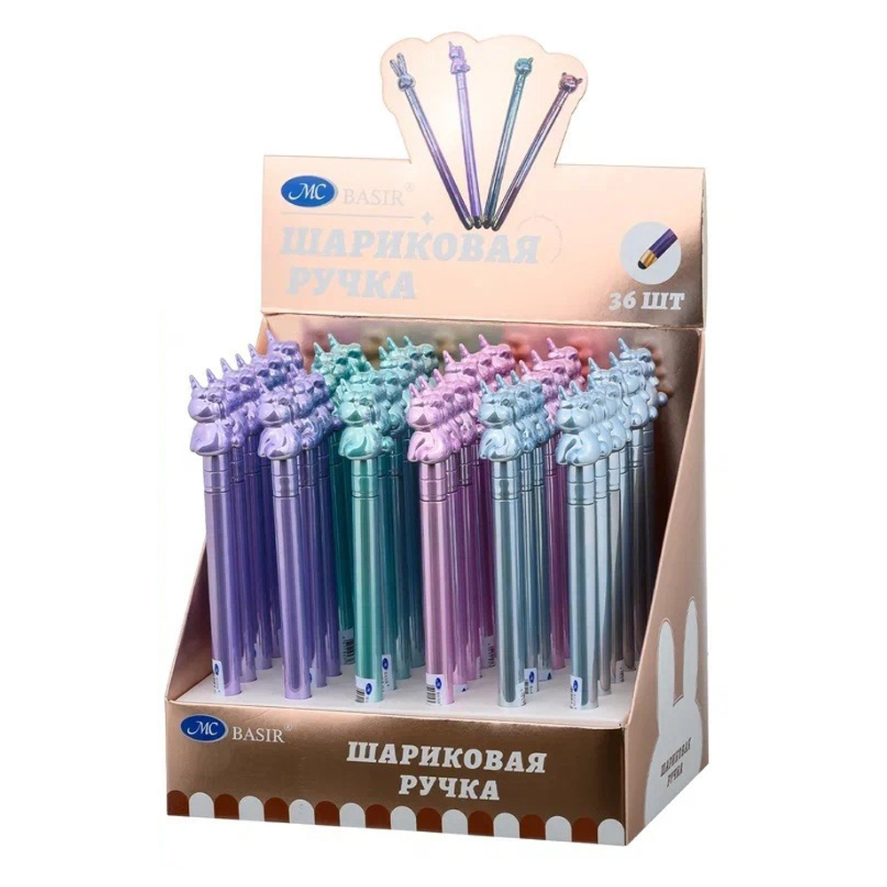 Ручка гелевая, пиши-стирай, автоматическая, Basir, синие чернила, серия "ЕДИНОРОГ", разноцветный корпус с поворотным механизмом