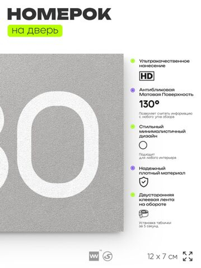 Номер на дверь 780, табличка на дверь для офиса, квартиры, кабинета, аудитории, склада, серая 120х70 мм, Айдентика Технолоджи