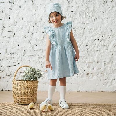 Embroidered ruffled muslin dress - Aqua