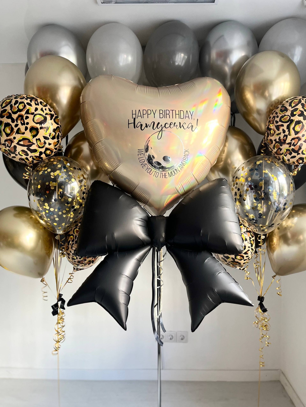 Воздушные шары на день рождение стильные леопард/черный/золото/бант №3729