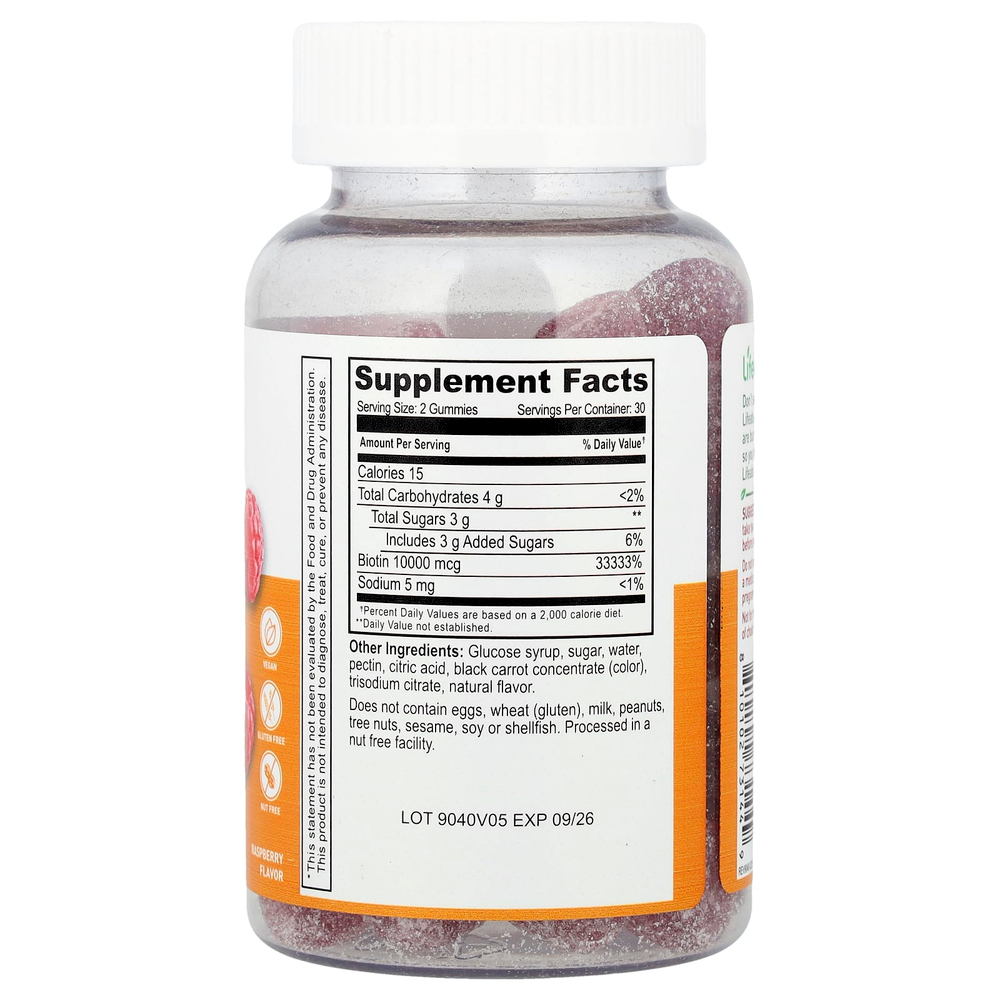 Lifeable, Биотиновые жевательные таблетки для подростков, малина, 60 жевательных таблеток (5000 мкг в каждой жевательной мармеладке)