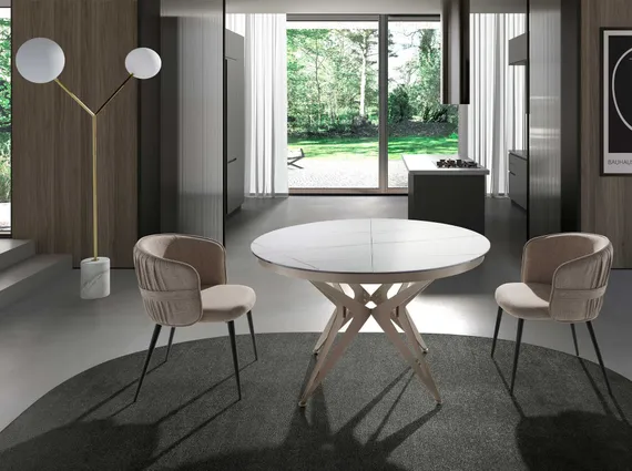 Круглый раздвижной обеденный стол 1119/MC22018DT из мраморной керамики и стали