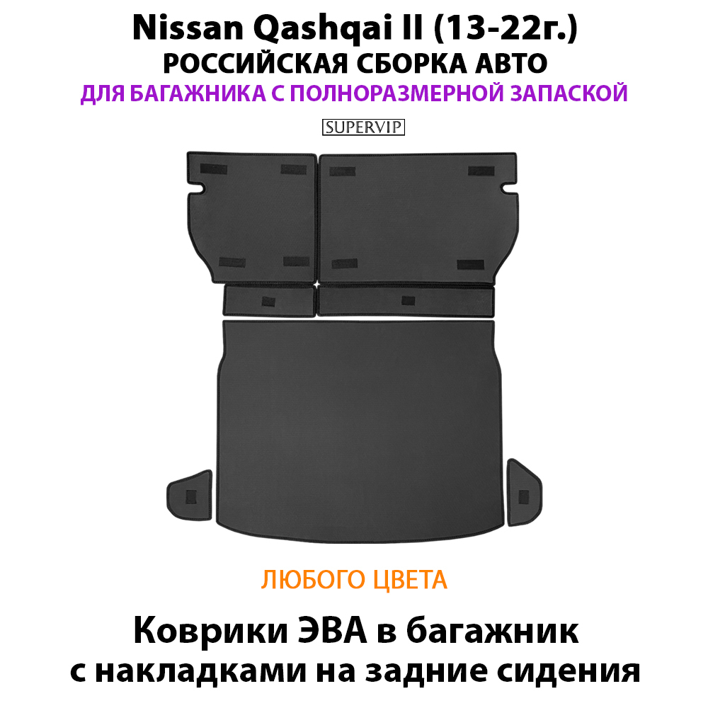Коврики ЭВА в багажник с накладками на задние сидения для Nissan Qashqai II (13-22г.) российская сборка авто, полноразмерная запаска