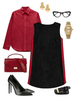 Черное женское платье-сарафан из экозамши с красными боковыми вставками