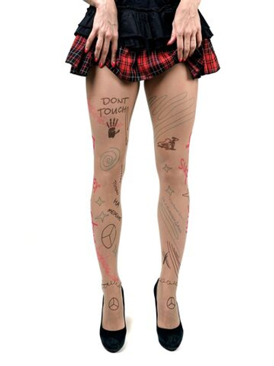 Молодёжные колготки с цветными почеркушками (Размер: S-M-L) (Цвет: бежевый)