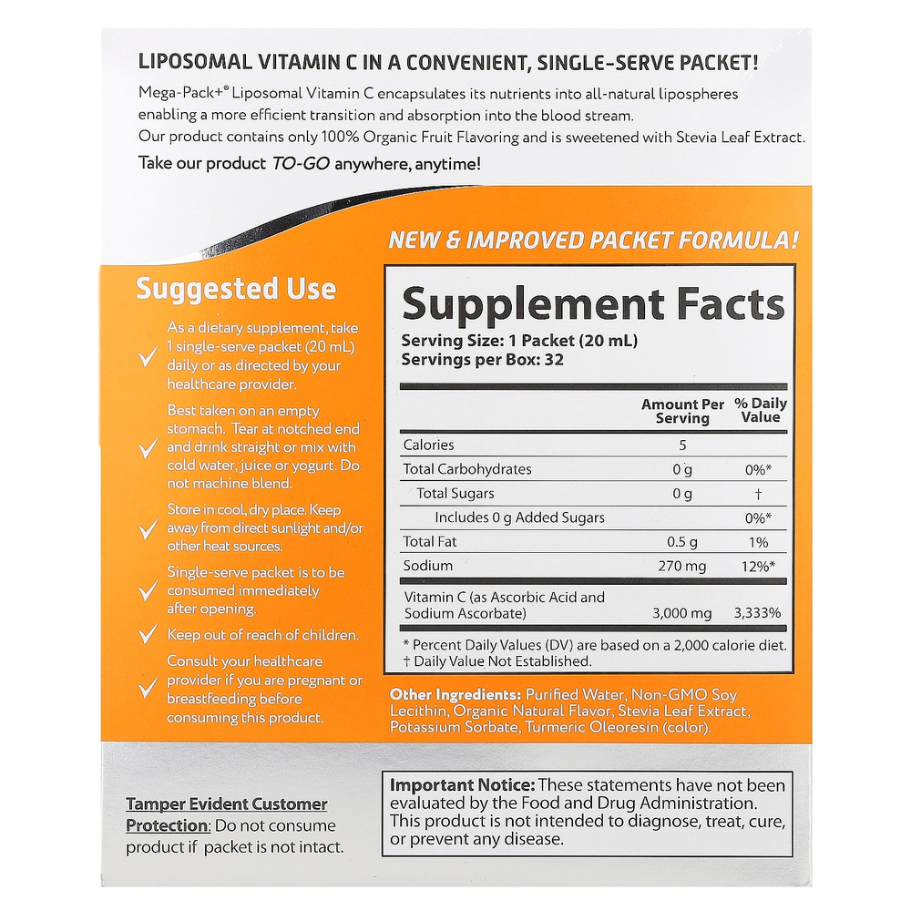 Aurora Nutrascience, Mega-Pack+, липосомальный витамин C, 3000 мг, 32 пакетика по 20 мл (0,68 жидк. унции)
