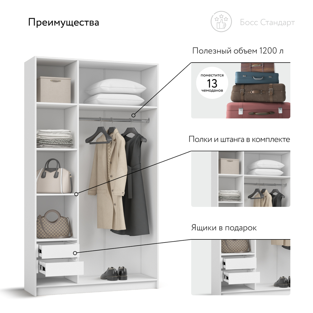 Босс Стандарт 120*220 шкаф распашной 3Д + ящики