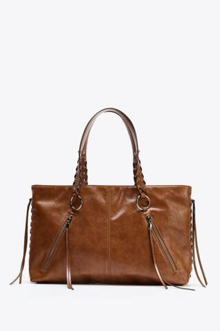 ZARA СУМКА-ШОПЕР С БАХРОМОЙ, РЫЖЕВАТО-КОРИЧНЕВЫЙ