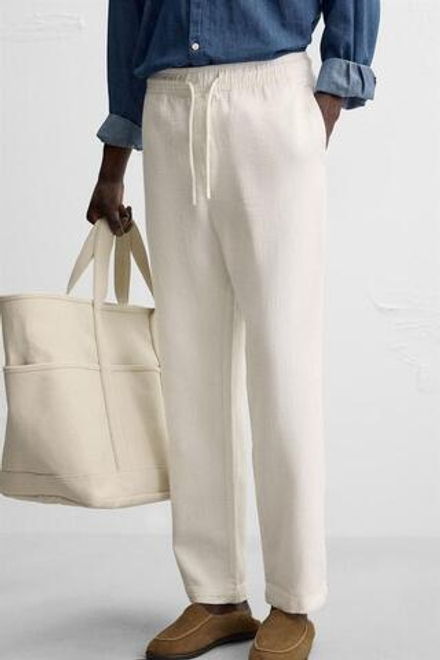 ZARA БРЮКИ RELAXED FIT ИЗ РЕЛЬЕФНОЙ ТКАНИ, ЖЕЛТОВАТО-БЕЛЫЙ