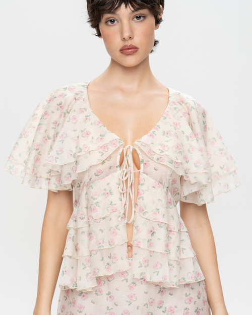 Блуза с рюшами из органзы в мелкий цветочек