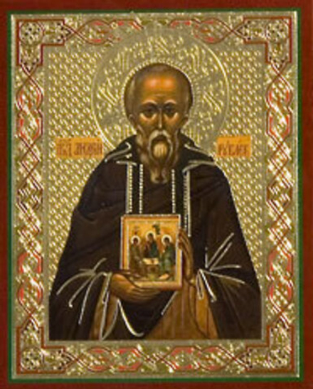 Икона на деревянной основе Андрей Рублев, иконописец 8х6 с тиснением золотой фольгой, в упаковке (Е