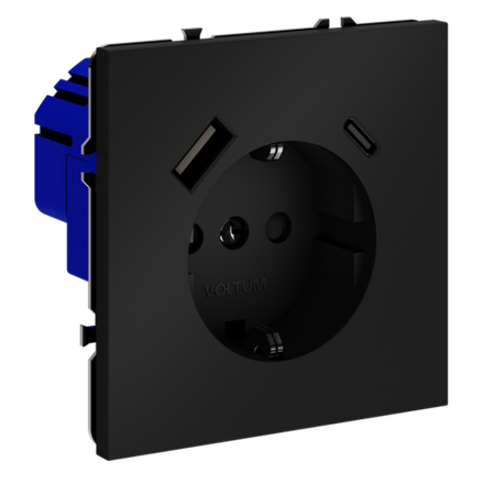 Розетка встраиваемая VOLTUM S70 с заземлением и защитными шторками, 16А, с USB, A+С, (черный матовый