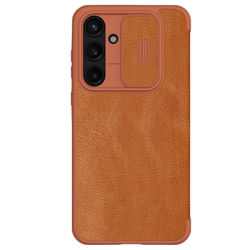 Кожаный чехол книжка коричневого цвета от Nillkin для Samsung Galaxy A55 5G, серия Qin Pro Leather с защитной шторкой для камеры