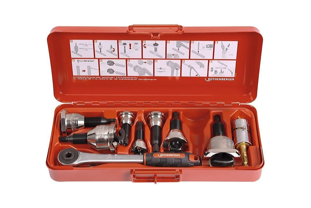 Отбортовщик Rothenberger, к-т в метал.ящике, храповик, спец.сверло и клещи, крюки 12-15-18-22-28-35-42 мм