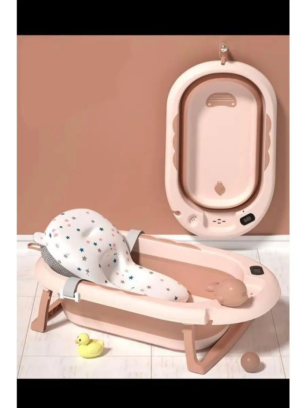 Детская ванна складная Luxmom HBT-005,c термометром и матрасиком, розовый
