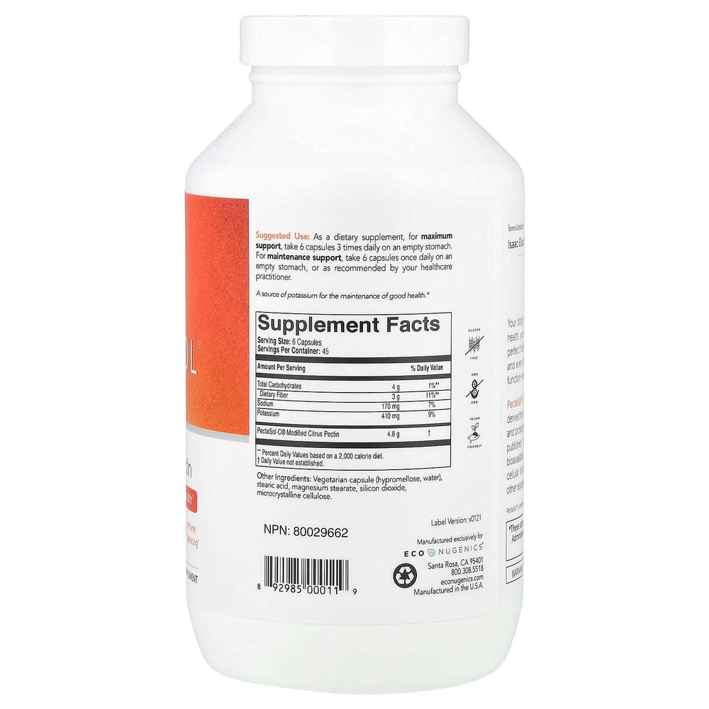 Econugenics, PectaSol, модифицированный цитрусовый пектин, 270 вегетарианских капсул
