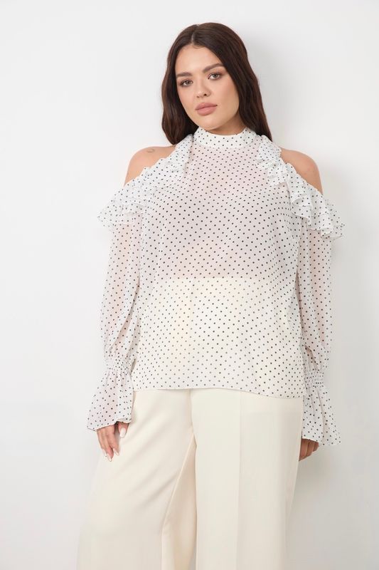 Блузка с открытыми плечами, принт горох