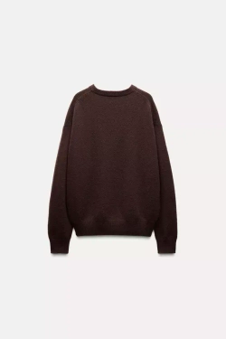 ZARA ОДНОТОННЫЙ СВИТЕР ИЗ 100% КАШЕМИРА, ШОКОЛАДНЫЙ