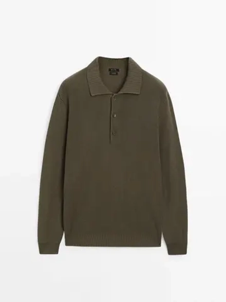 Massimo Dutti Хлопковый свитер с воротником поло, хаки