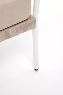 "Диего" диван 2-местный плетеный из роупа, каркас алюминий белый муар, роуп бежевый круглый, ткань бежевая 15052