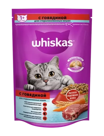 Whiskas корм для стерилизованных кошек с говядиной, подушечки с паштетом