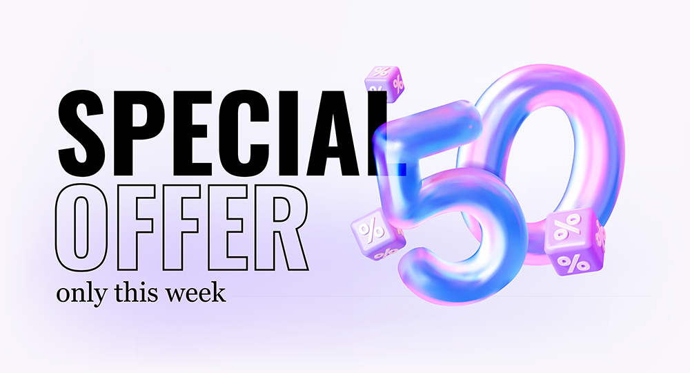 Векторный баннер скидка 50% в голографическом стиле — Special Offer и 3D-цифра 50 с кубиками процентов