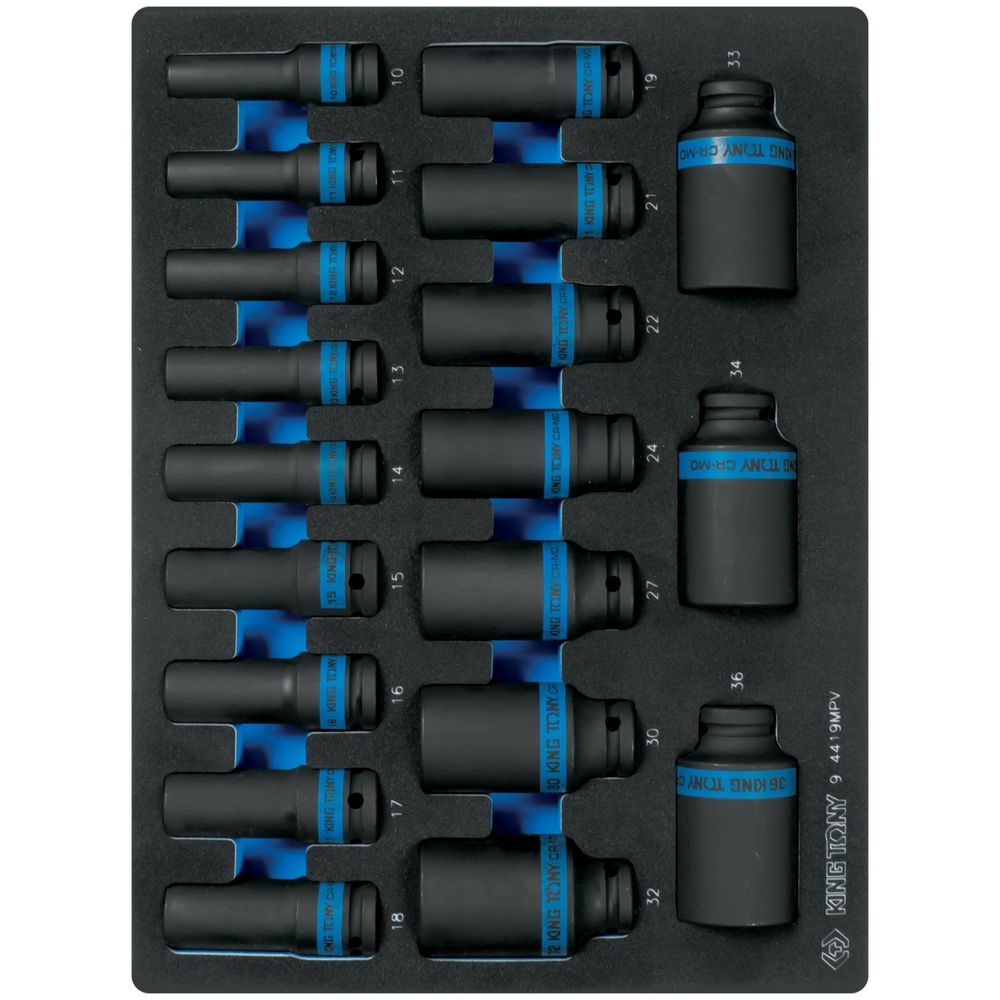 KING TONY (4419MPV) Набор ударных глубоких торцевых головок 1/2", шестигранные, 10-36 мм, в кейсе, 19 предметов