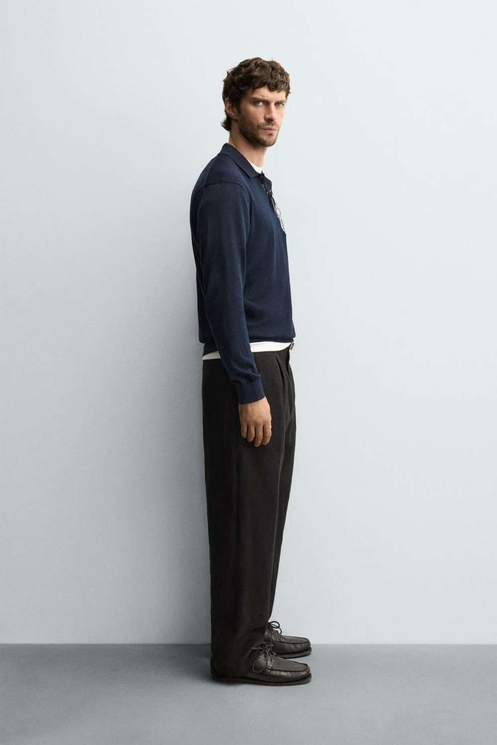 ZARA ПОЛО ИЗ ХЛОПКА И ШЕЛКА, МОРСКОЙ СИНИЙ