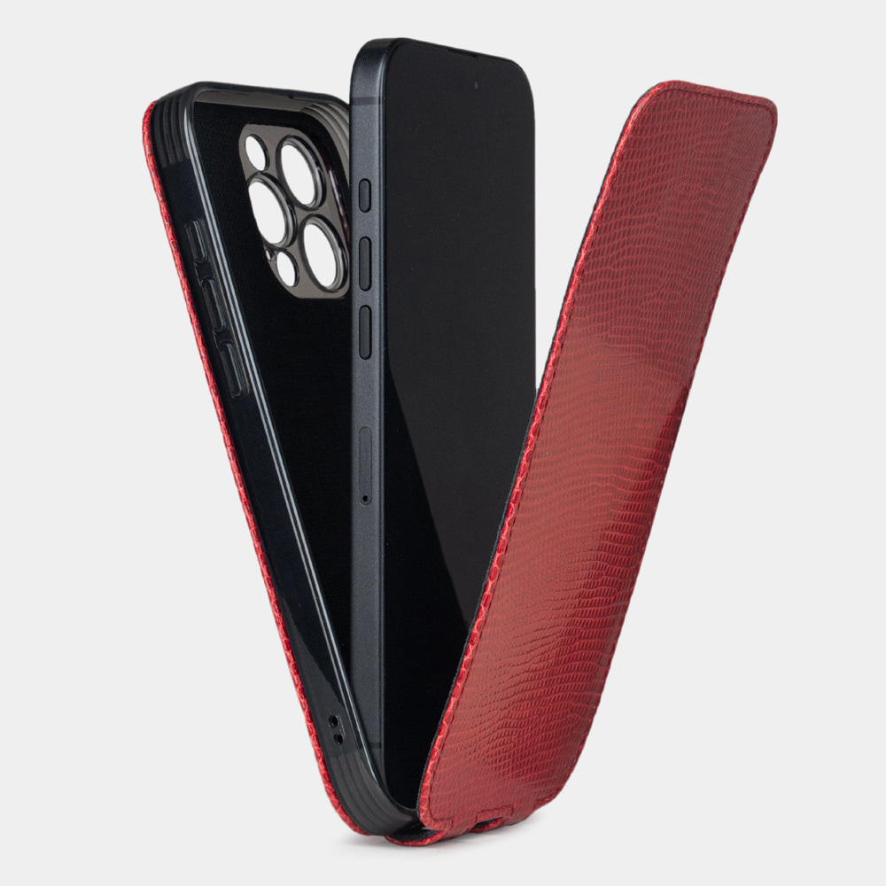 Чехол для iPhone 16 Pro Max кожаный, ящерица красного цвета