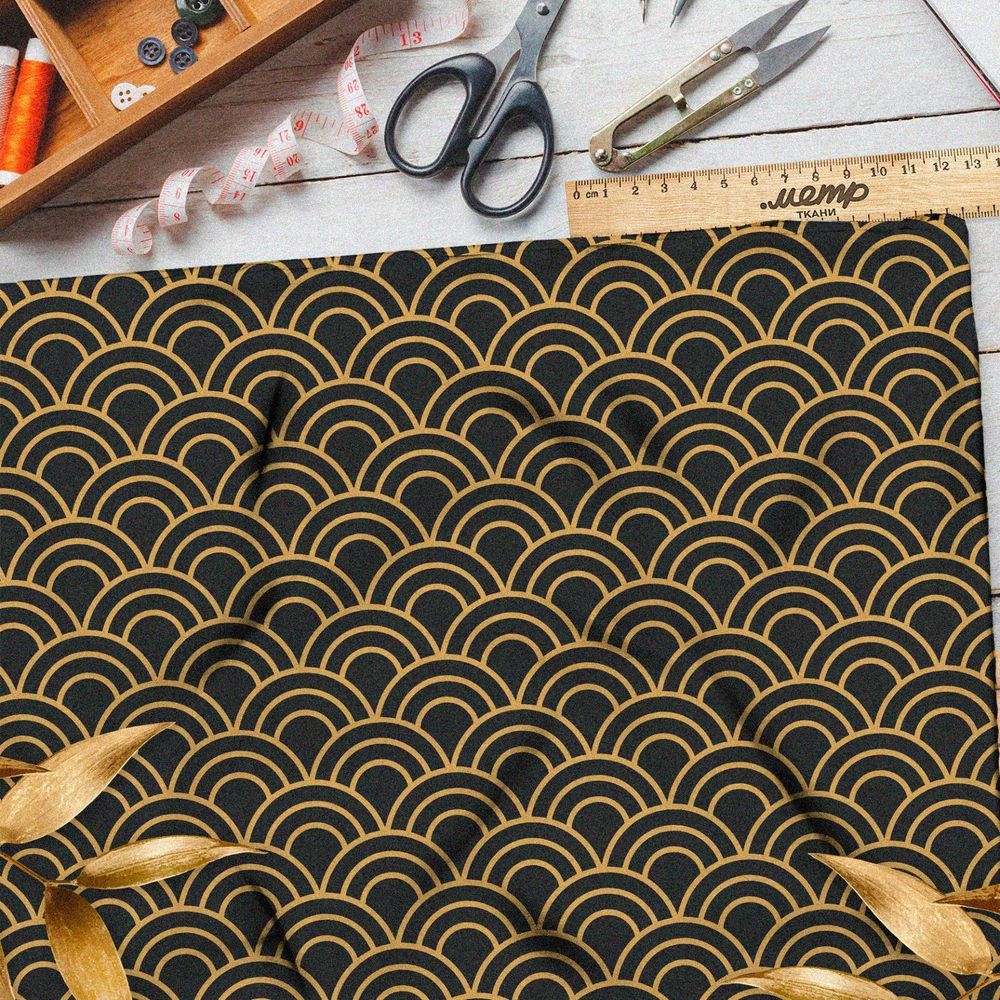 Ткань шифон золотые волны на чёрном
