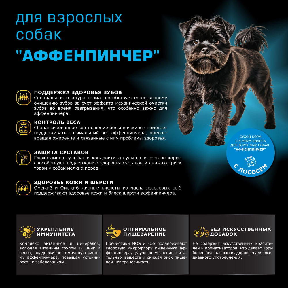 Корм сухой для взрослых собак породы Аффенпинчер, с лососем, 2,5 кг, QUATTRO