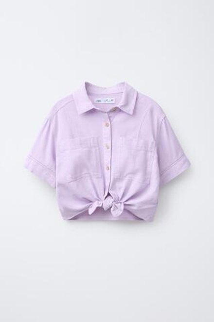 ZARA РУБАШКА ИЗ СМЕСОВОГО ЛЬНА С УЗЛОМ, ЦВЕТ МАЛЬВЫ
