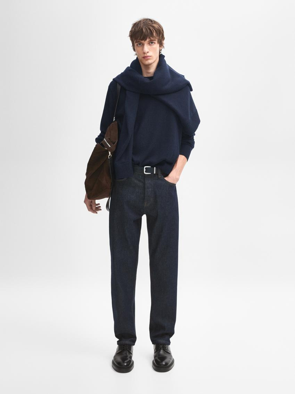 Massimo Dutti Джемпер из 100% кашемира с круглым вырезом, темно-синий