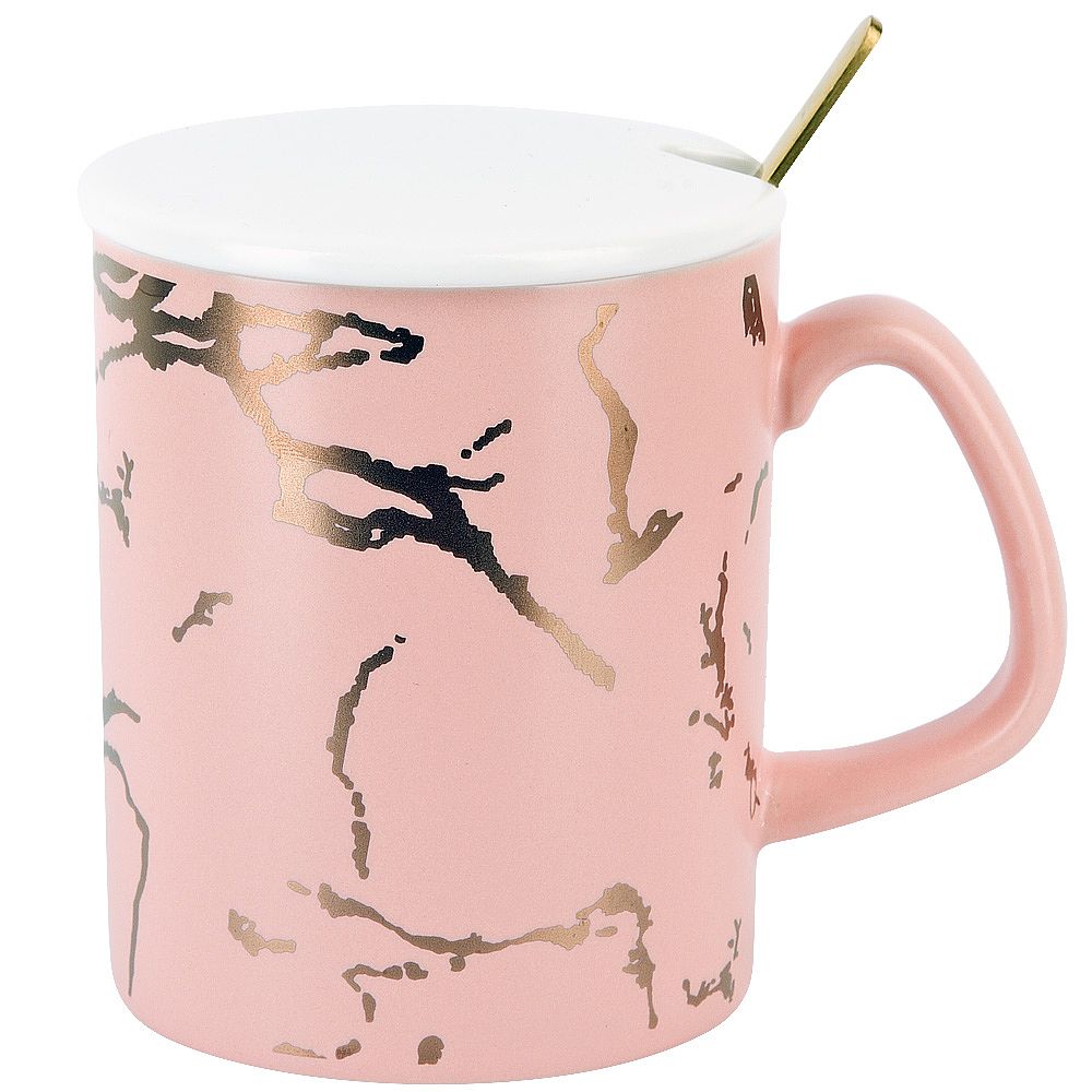 Кружка с крышкой и ложкой "Розовый  " (розовая) v=380 мл (подарочная упаковка)