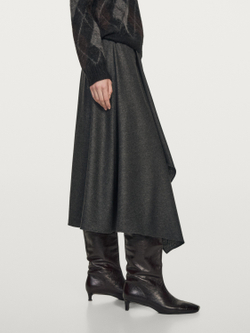 Massimo Dutti Расклешенная юбка миди из смесовой шерсти со складками, серый