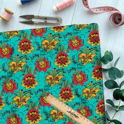 Ткань оксфорд 210 редкая цветочная хохлома на бирюзовом фоне
