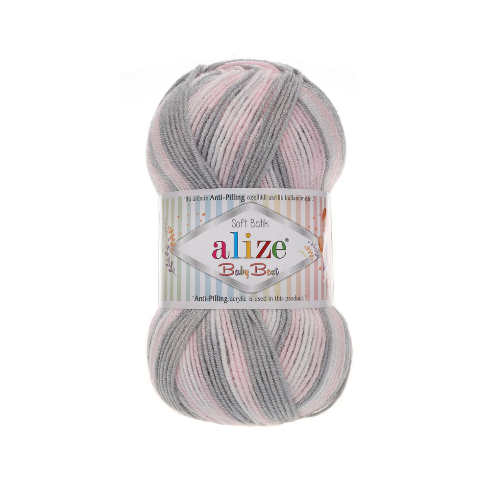 Беби бест батик (Baby best batik) пряжа Alize 10% бамбук 90%акрил 5х100г/240м 6664 белый-розовый-серый